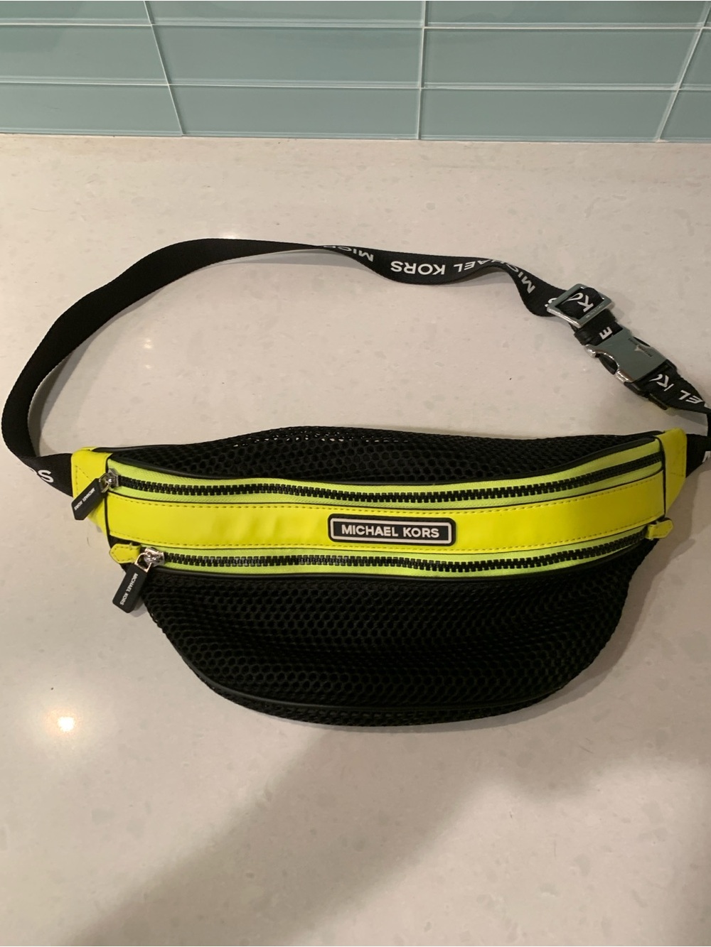Michael Kors Black and Neon Yellow Mesh Fanny Pack Crossbody Adjust Belt Bag